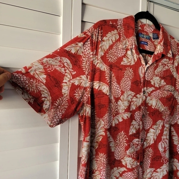 CAMPIA Red and White Tropical Print Rayon Button-down Short Sleeves Shirt Size L - Picture 2 of 7